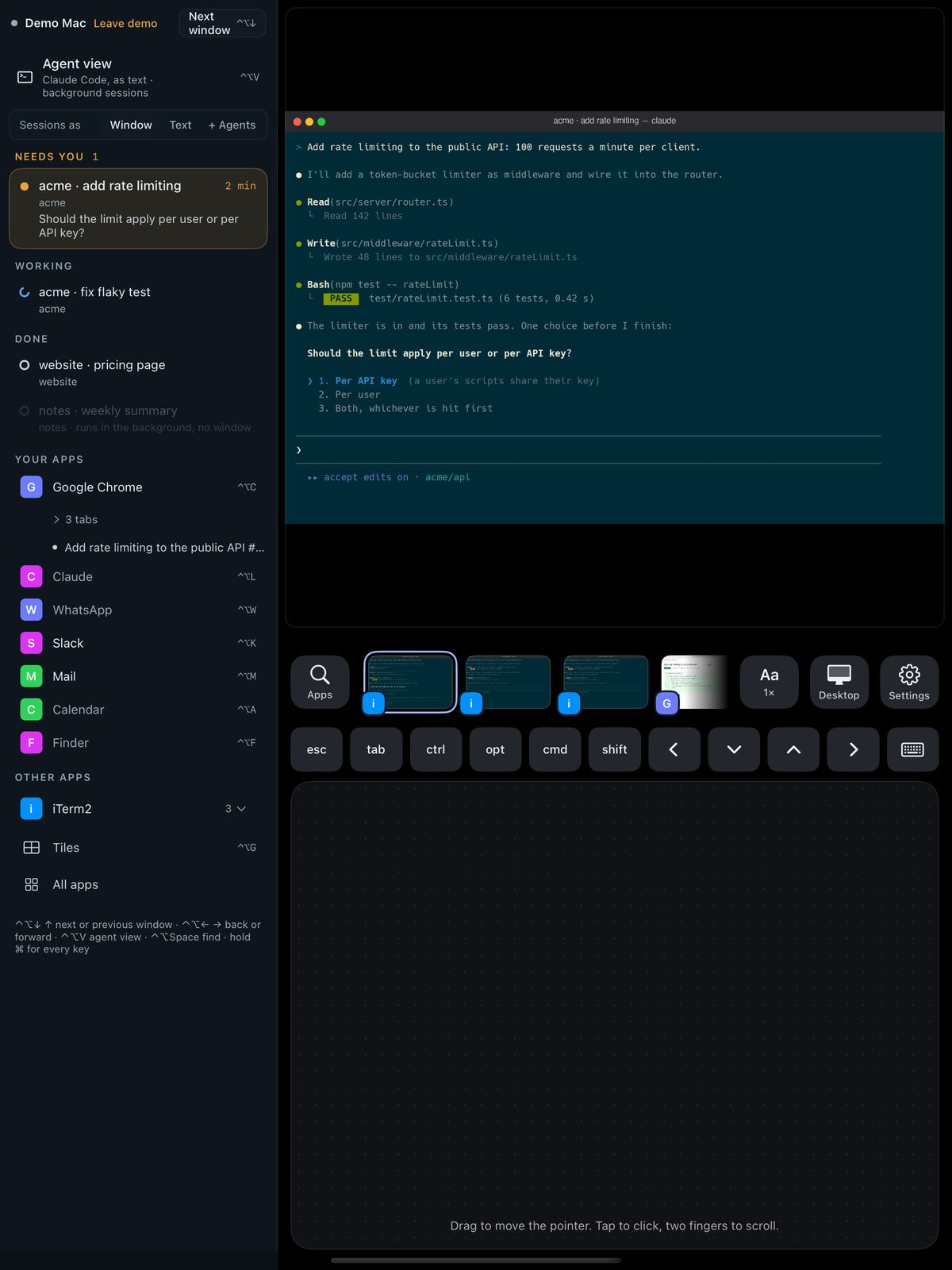 Porthole on iPad: the Claude Code sessions in a sidebar beside a session's terminal window
