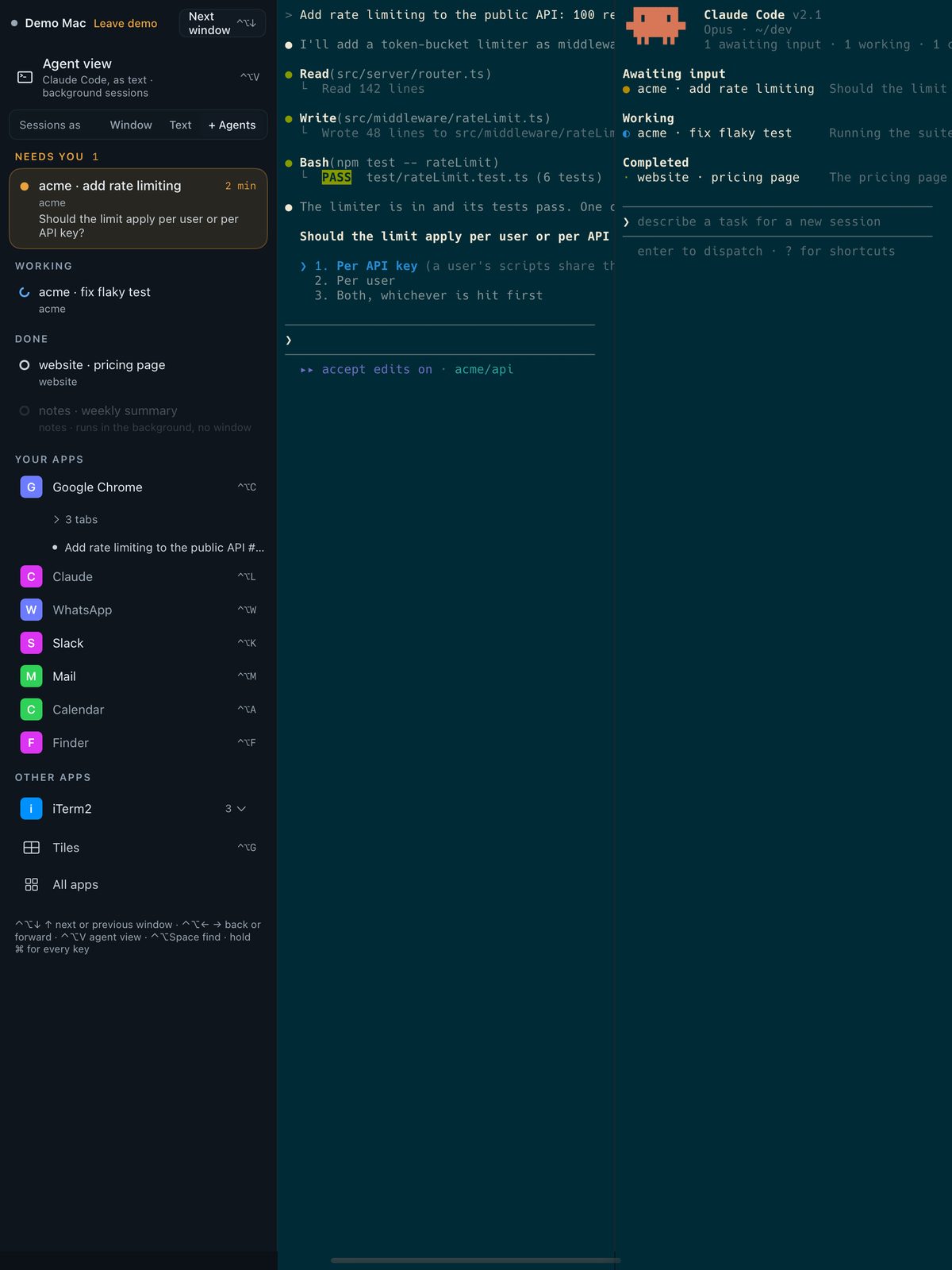 A session as text with Claude Code's agent view beside it